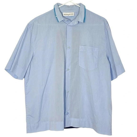 Wanda Nylon Mens Button Down Shirt Size Medium Resortwear Loose Fit Blue SS - Picture 1 of 12